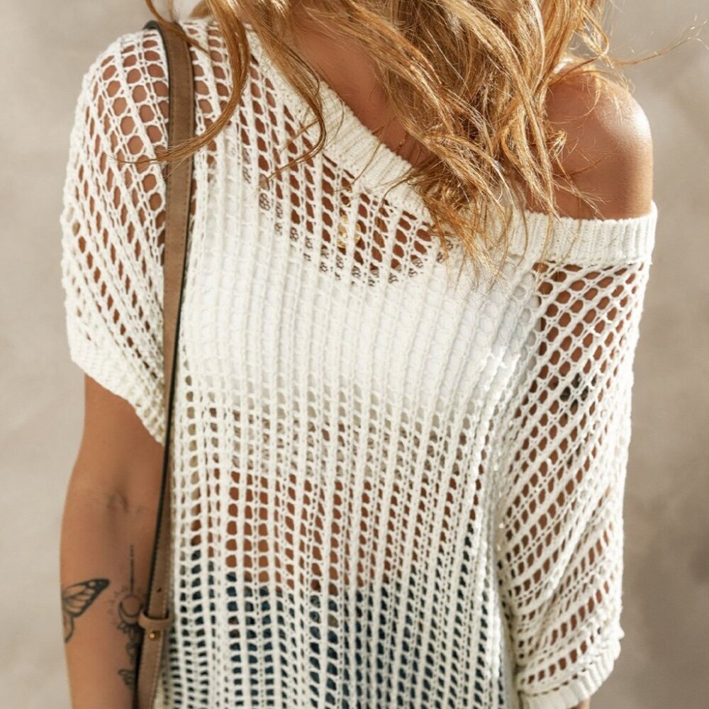 NWT SYNZ Openwork Round Neck Half Sleeve Knit Cover Up